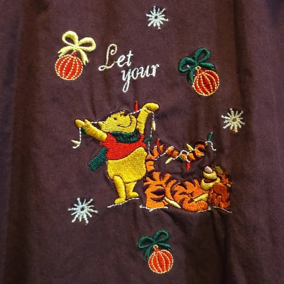 Disney Winnie The Pooh Embroidered Christmas Button Down Maroon Blouse size XL - Picture 3 of 9